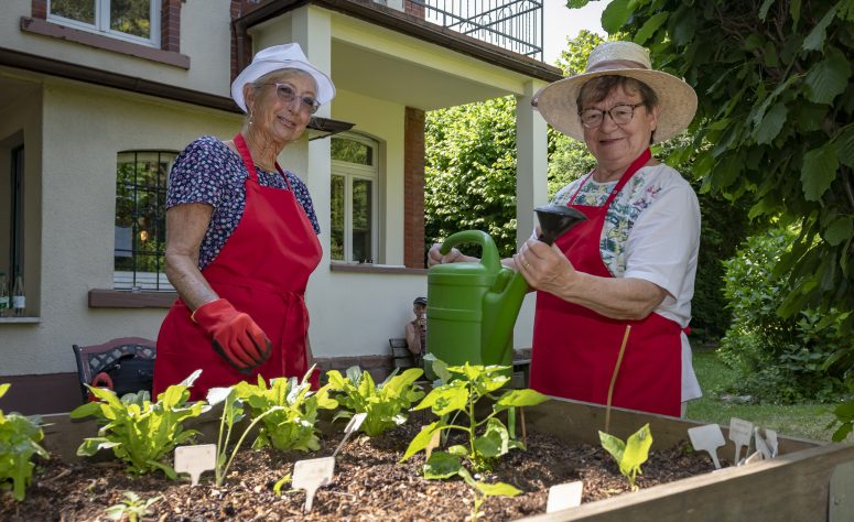 Zwei Damen mit Schürze kümmern sich um ein Beet mit Gießkanne in der Hand